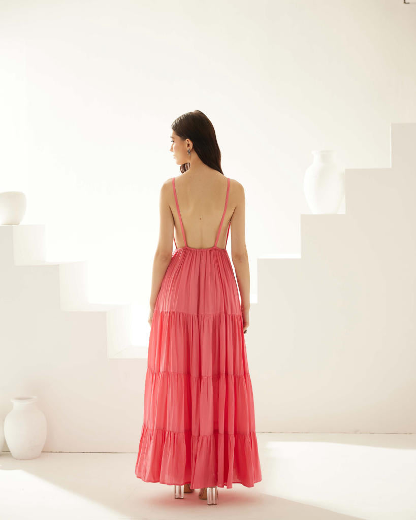 Peach tier maxi dress - v-neck