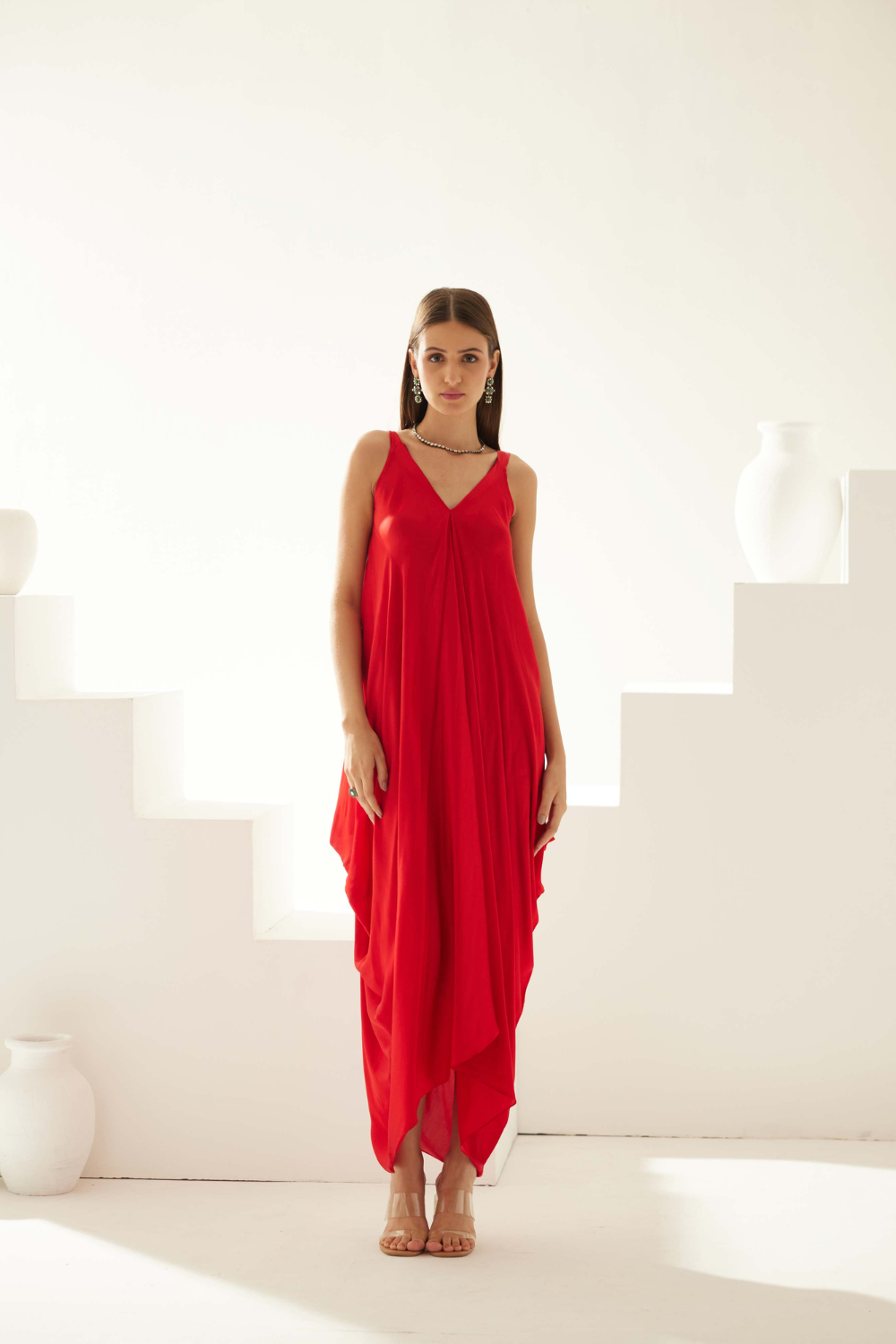 Red drape maxi dress