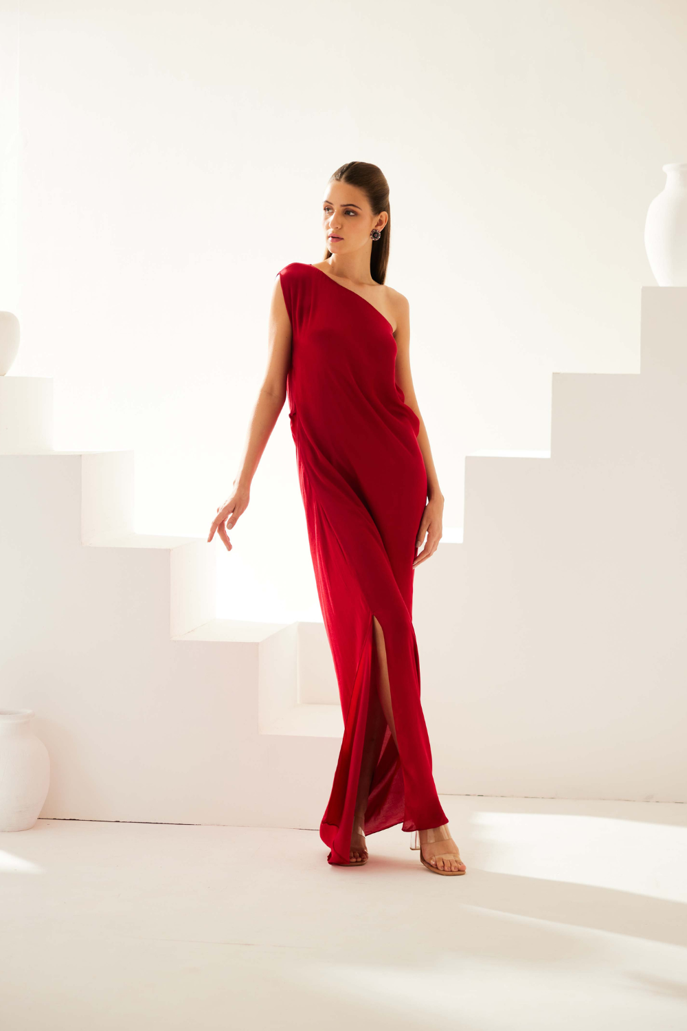 Maroon one shoulder maxi dress