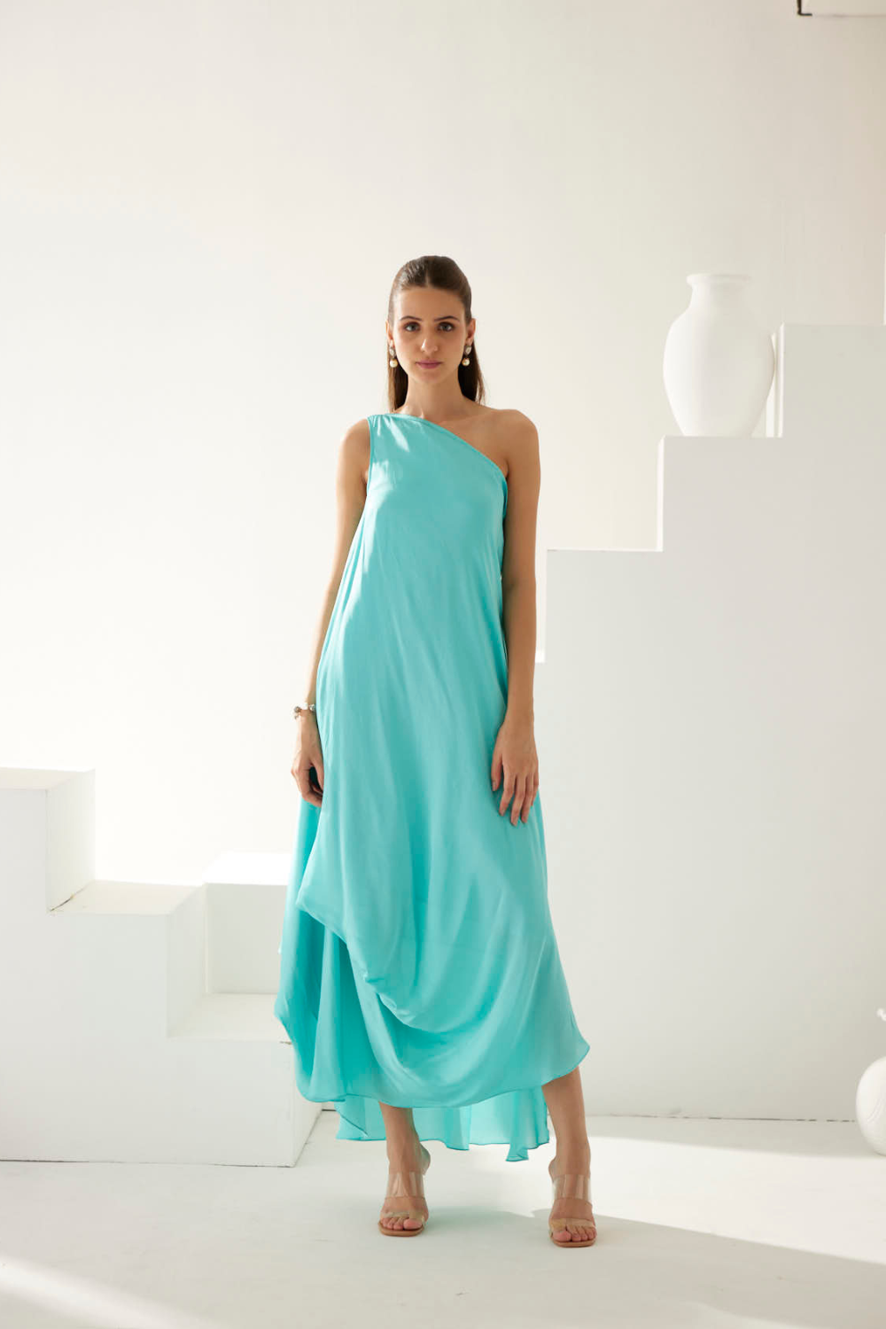 Turquoise one shoulder maxi dress