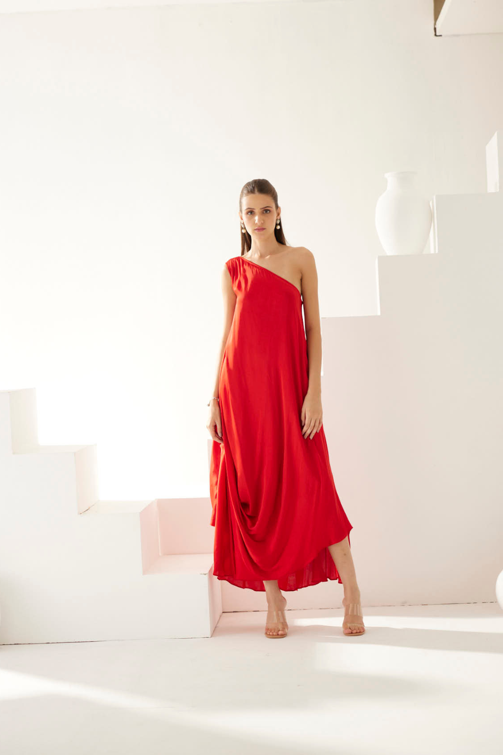 Red one shoulder drape maxi dress