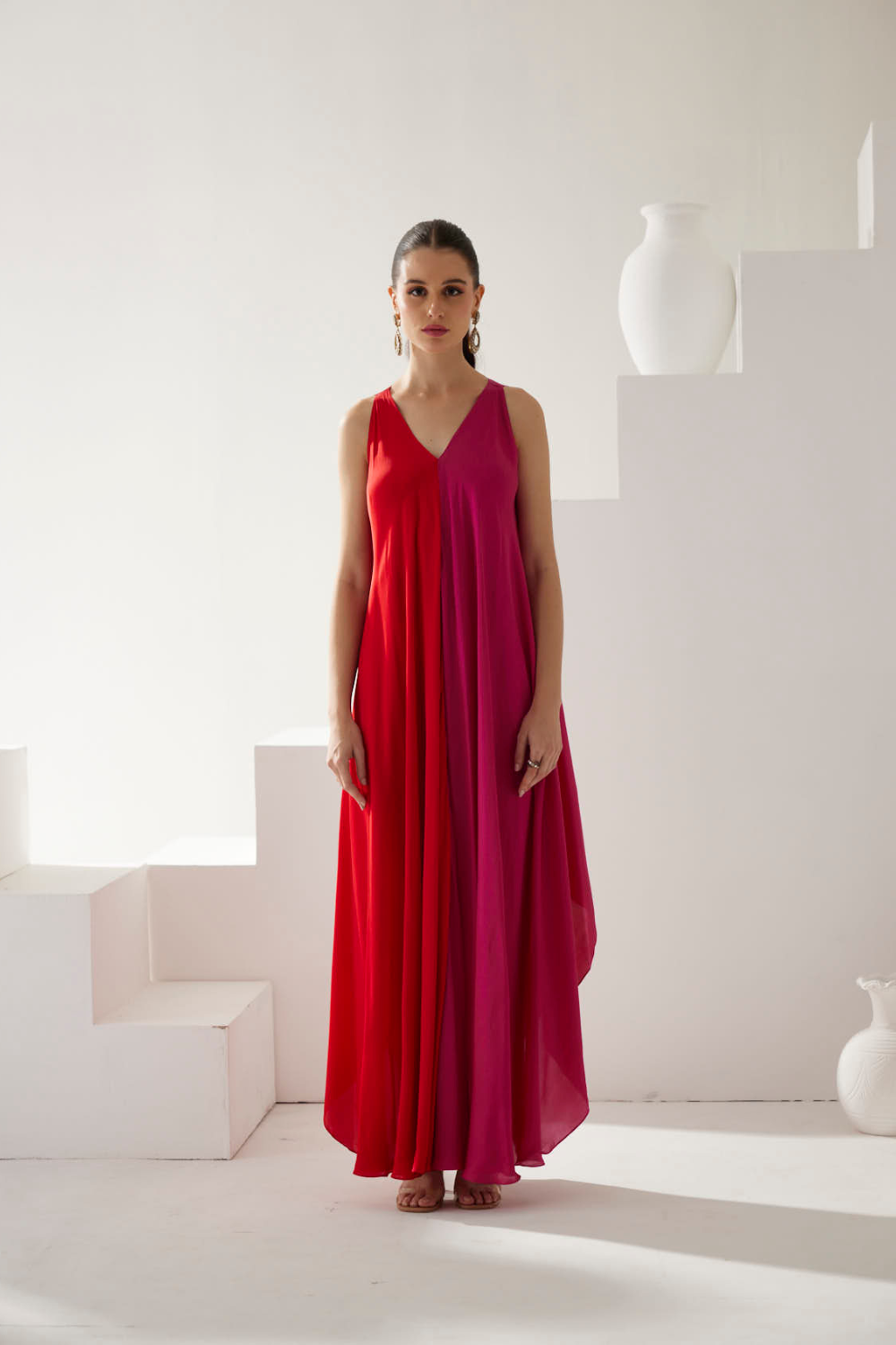 Red & Pink colorblock maxi dress