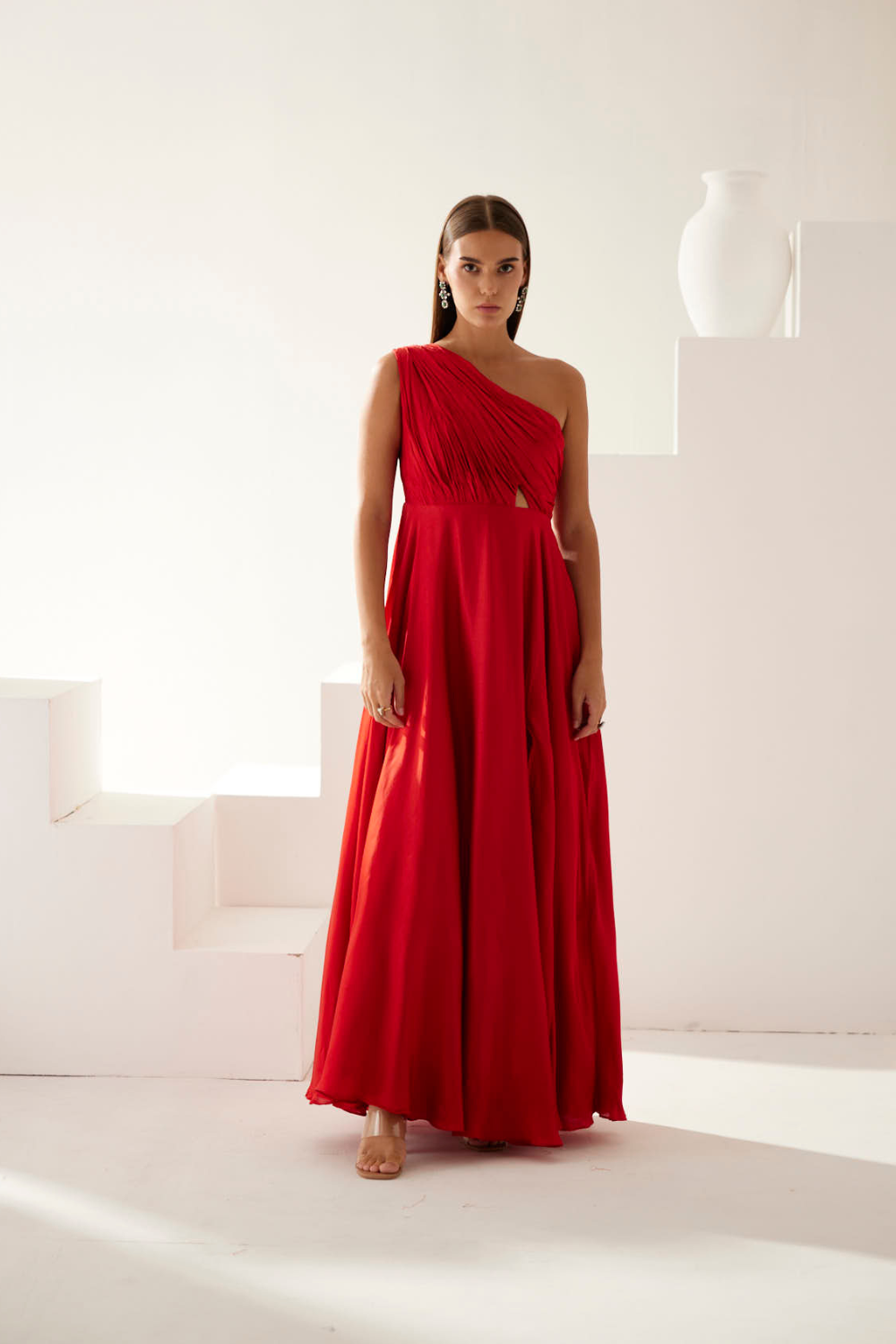 Red one shoulder high slit maxi dress