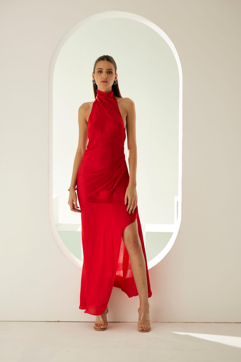 Red halter maxi dress with side slit