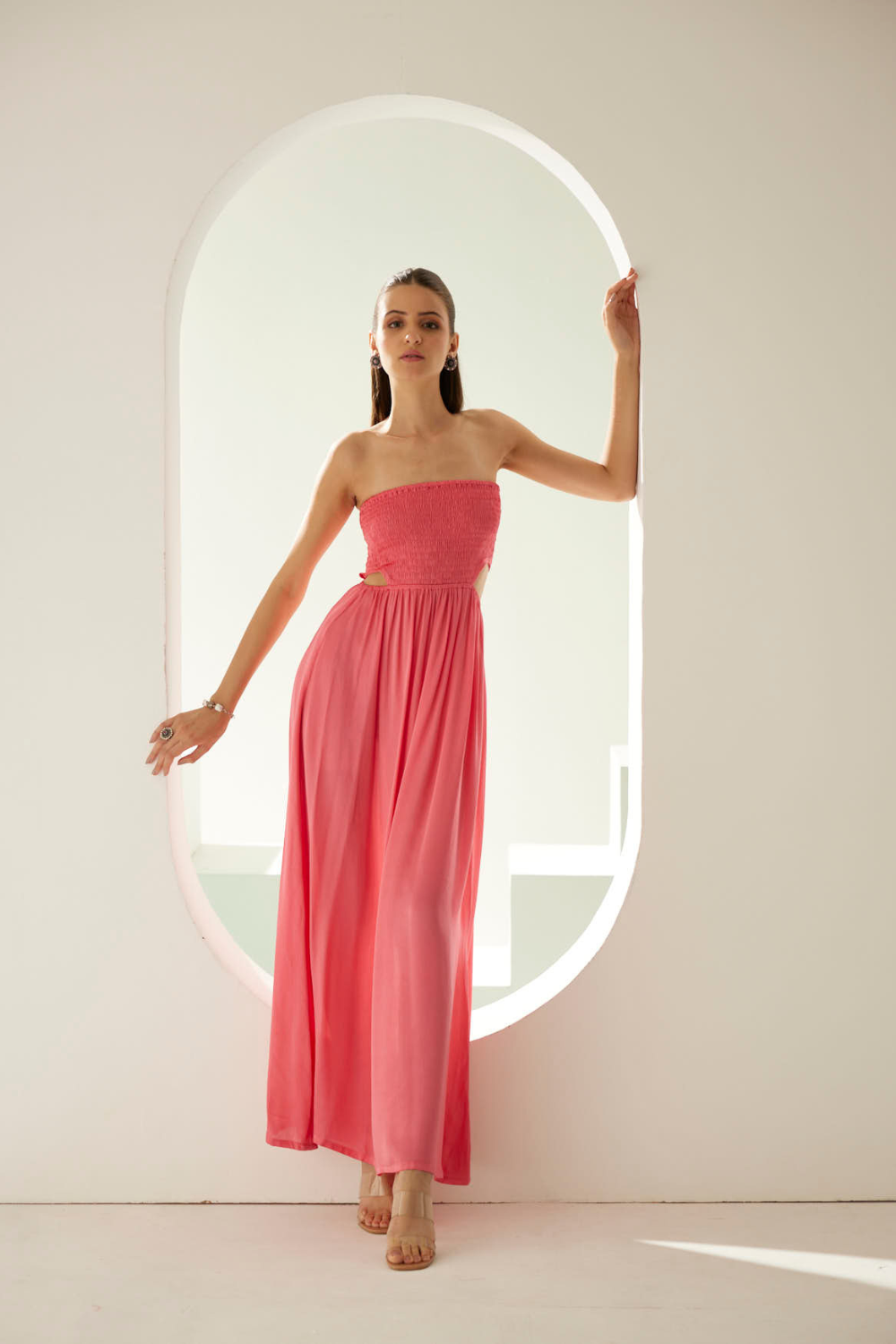 Peach off-shoulder maxi dress