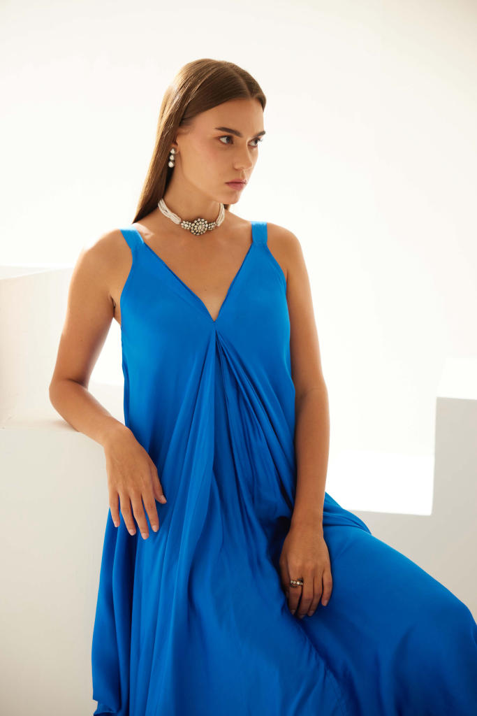 Cobalt blue satin maxi dress