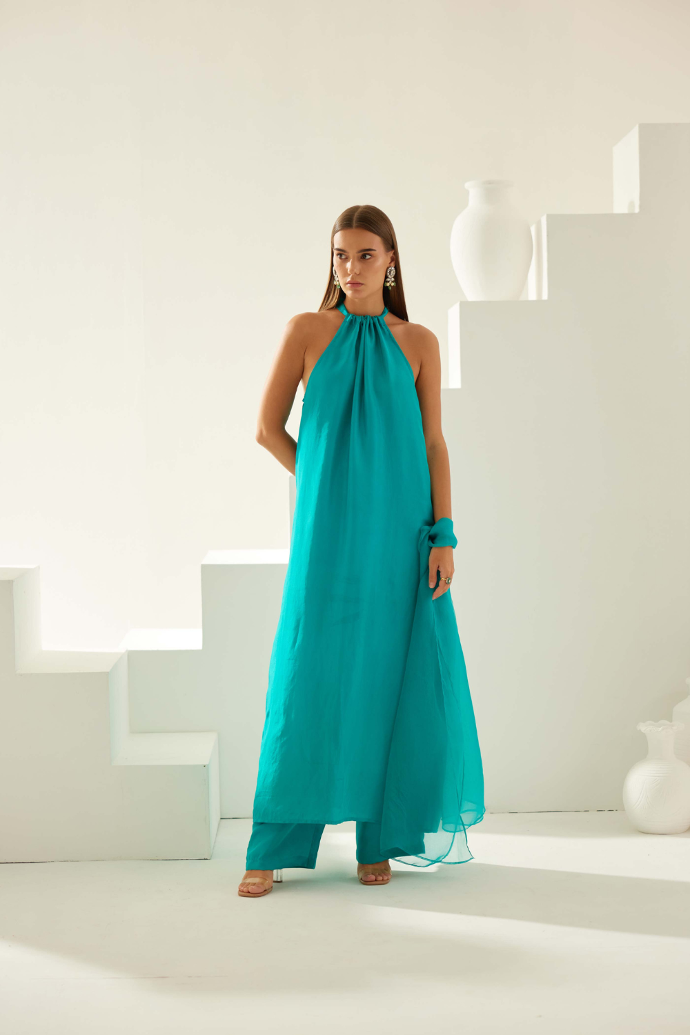 Turquoise halter neck tunic sets