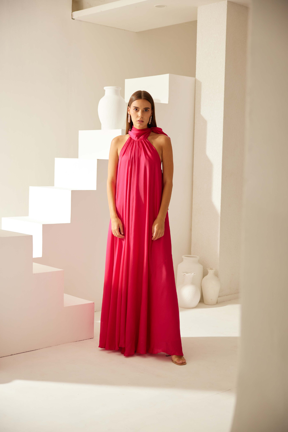 Red halter maxi dress