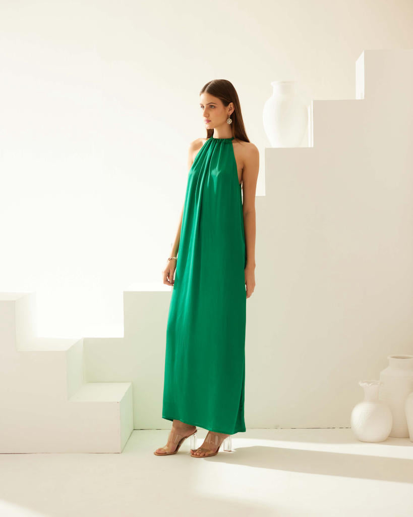 Green halter maxi dress