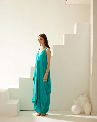 Turquoise satin maxi dress