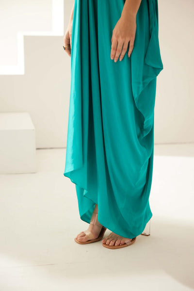 Turquoise satin maxi dress