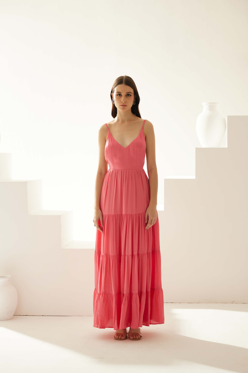 Peach tier maxi dress - v-neck