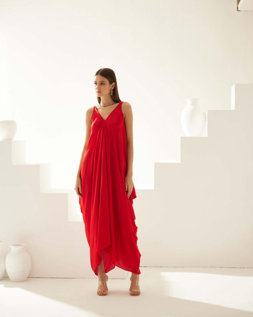 Red drape maxi dress