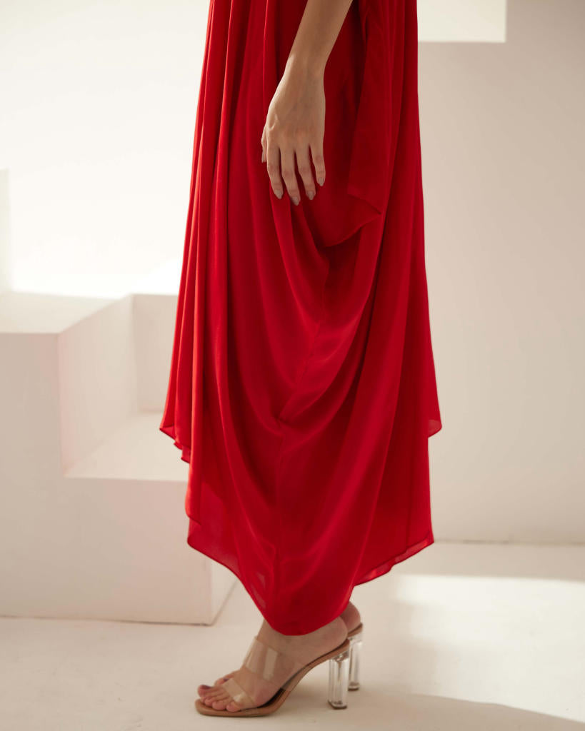 Red drape maxi dress