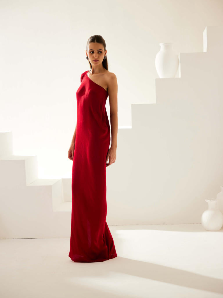 Maroon one shoulder maxi dress