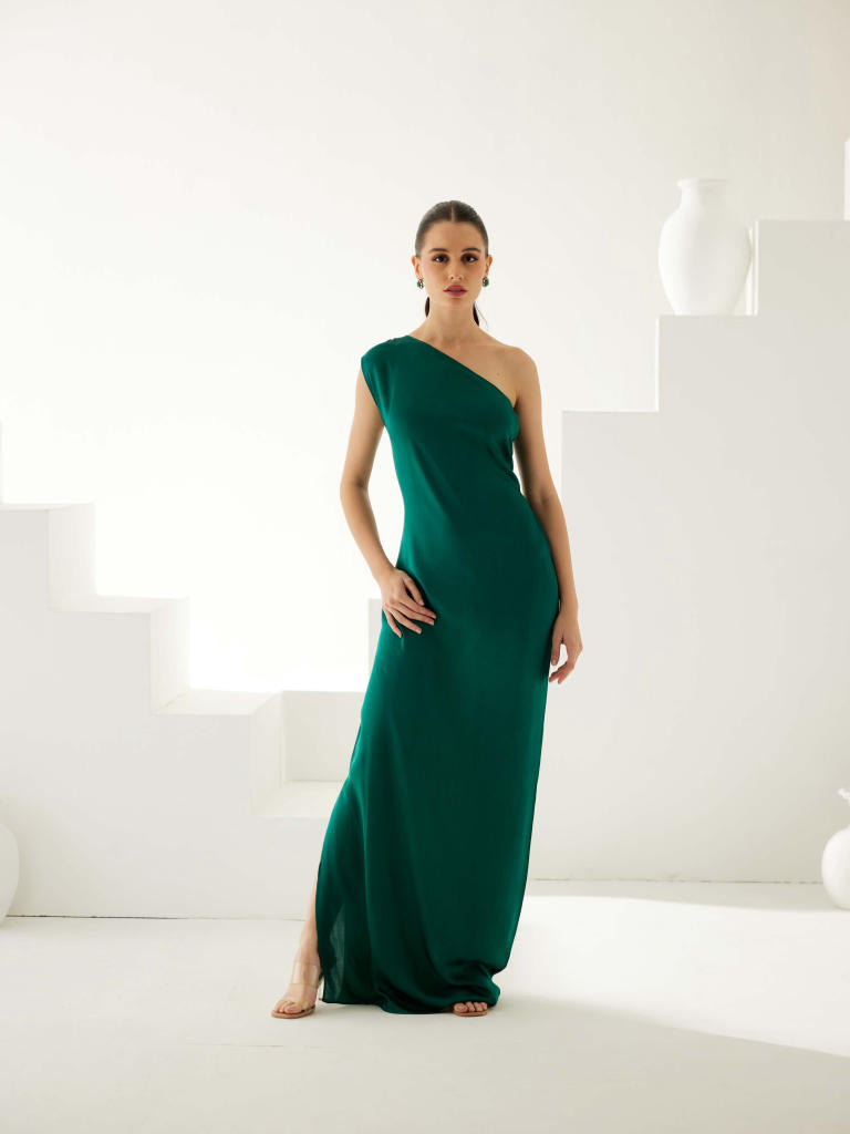 Green one shoulder maxi dress