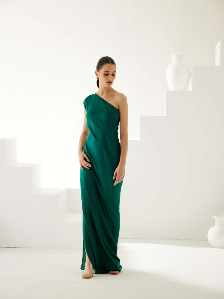 Green one shoulder maxi dress