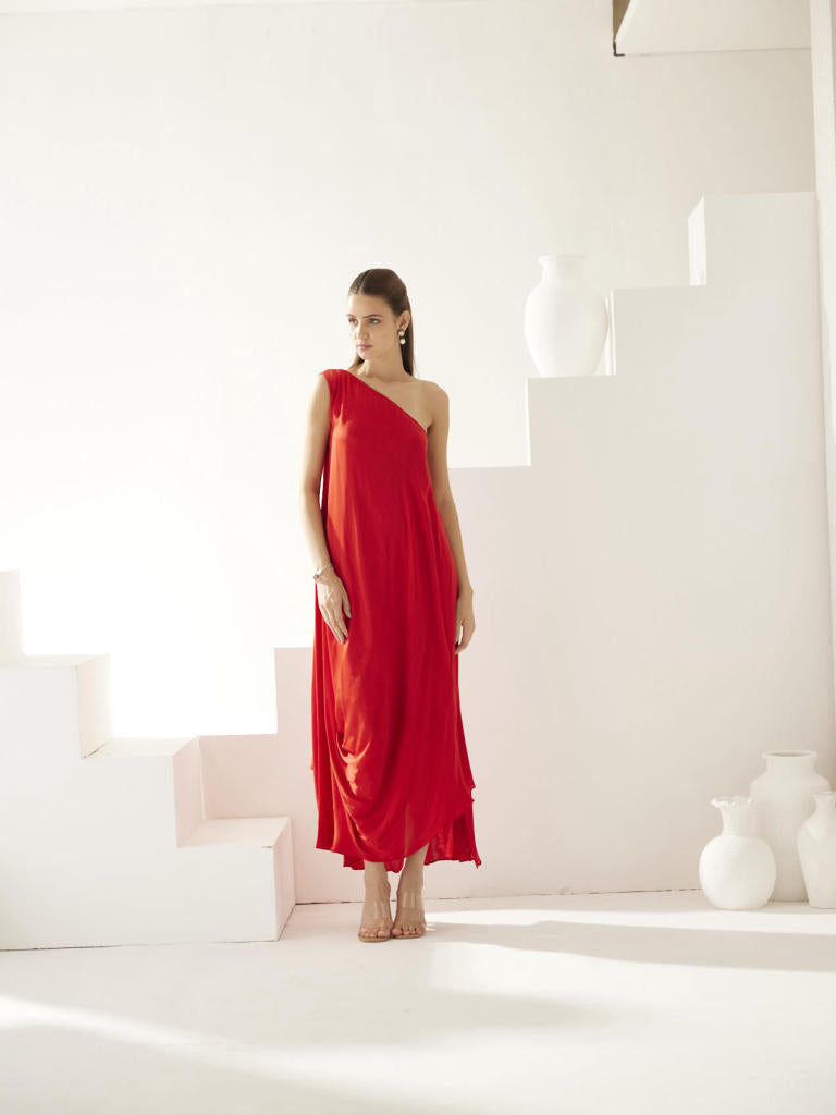 Red one shoulder drape maxi dress