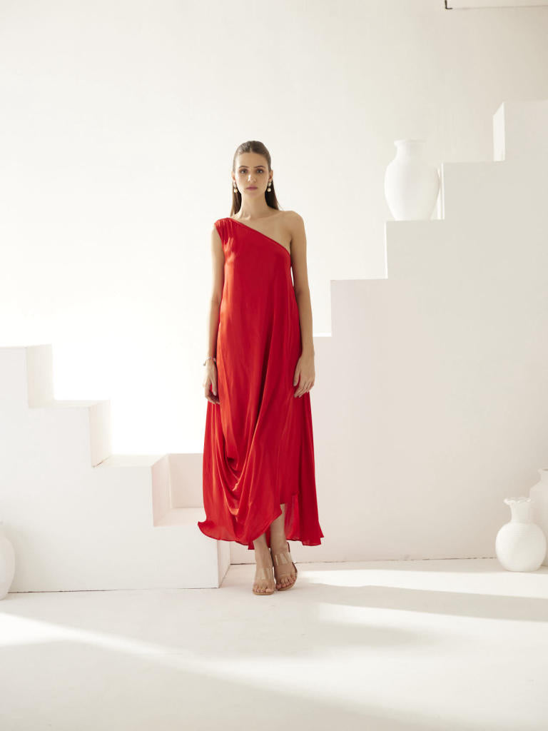 Red one shoulder drape maxi dress