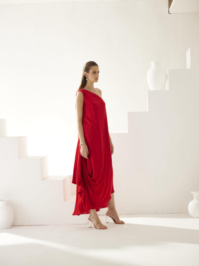 Red one shoulder drape maxi dress