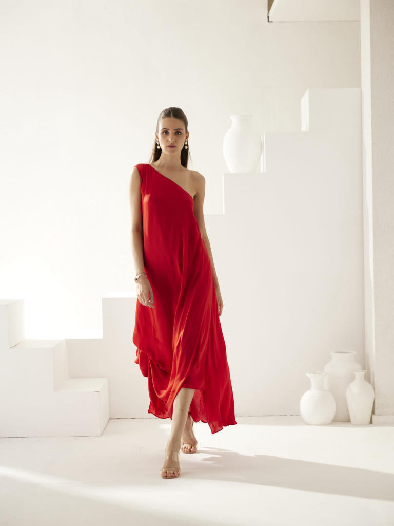 Red one shoulder drape maxi dress