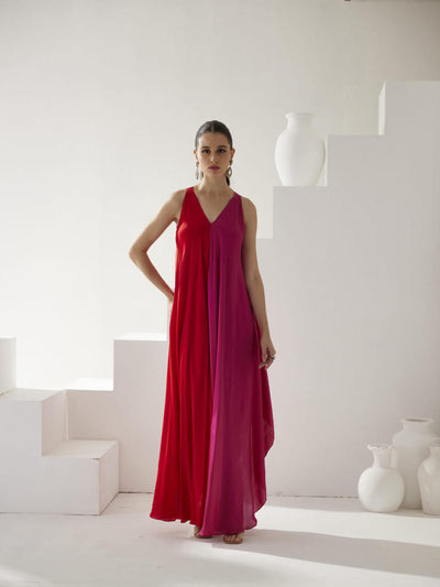 Red & Pink colorblock maxi dress