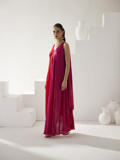 Red & Pink colorblock maxi dress