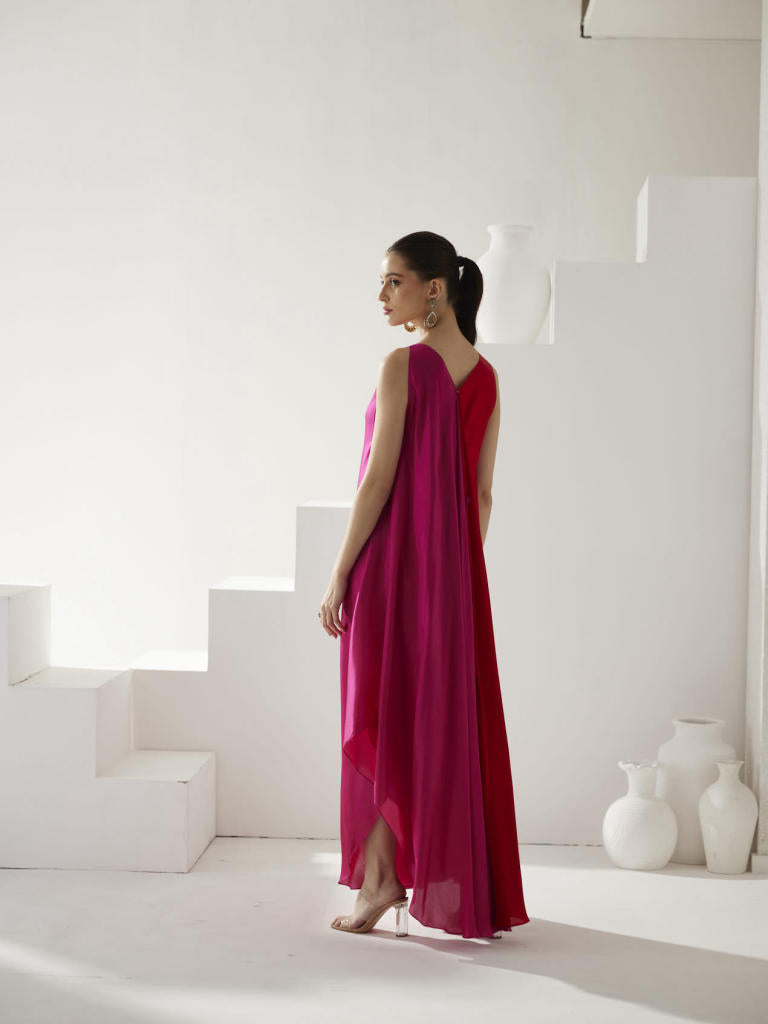 Red & Pink colorblock maxi dress