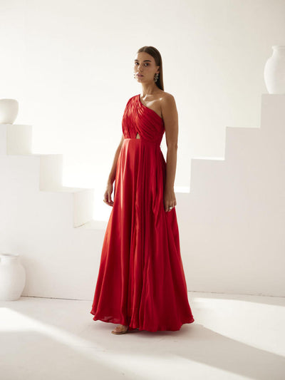 Red one shoulder high slit maxi dress