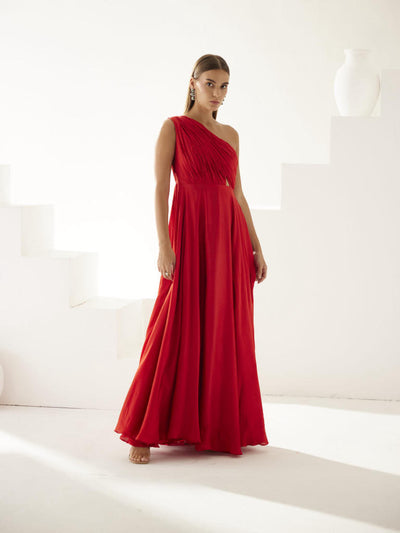 Red one shoulder high slit maxi dress