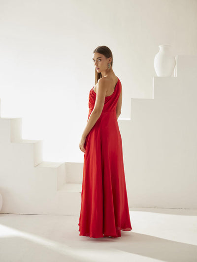 Red one shoulder high slit maxi dress