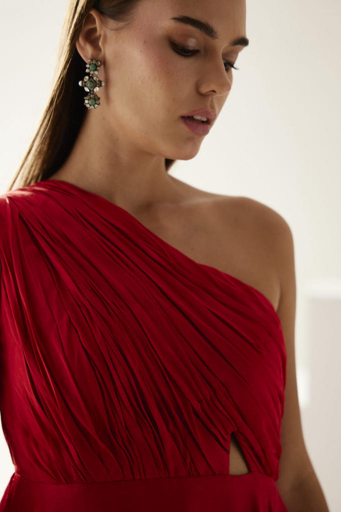 Red one shoulder high slit maxi dress