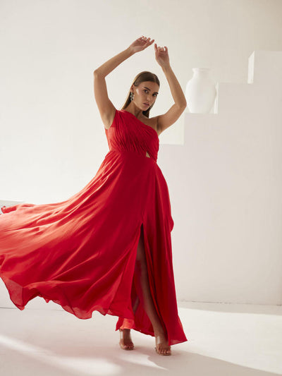 Red one shoulder high slit maxi dress