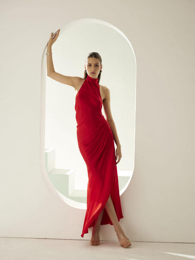 Red halter maxi dress with side slit