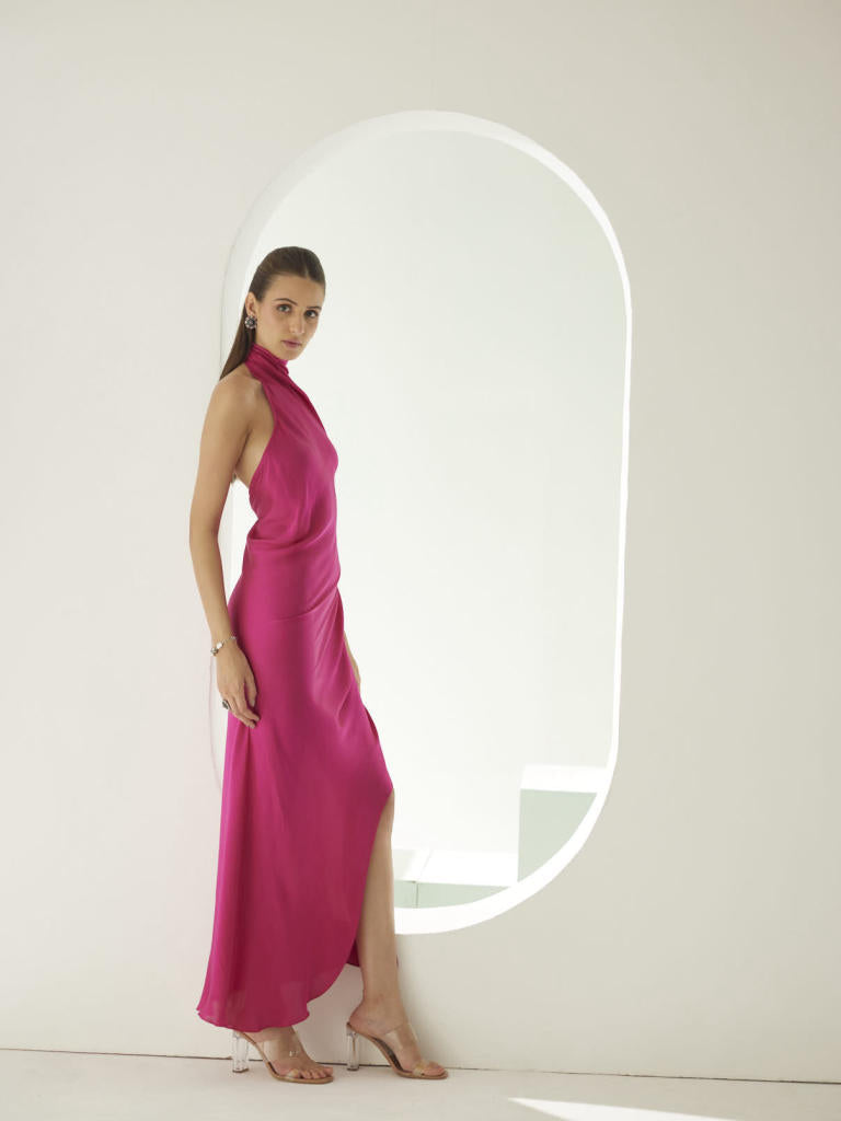 Hot pink halter maxi dress