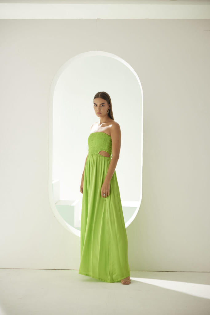 Lime green off-shoulder maxi dress