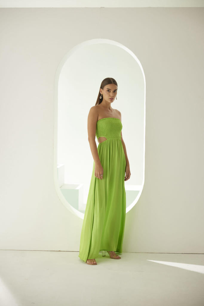 Lime green off-shoulder maxi dress