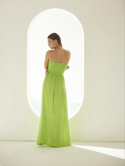 Lime green off-shoulder maxi dress