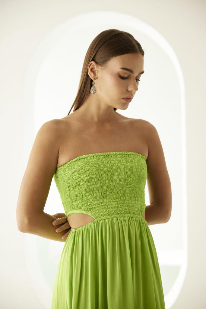 Lime green off-shoulder maxi dress