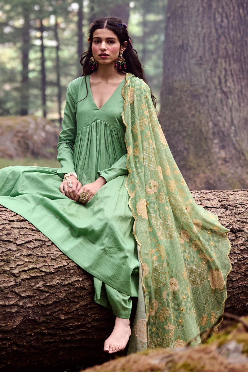 Lou Anarkali Set – Green cotton mul by Paulmi & Harsh-kahan Sep'26 in green for women Worldwide