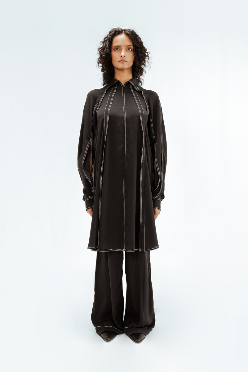 Caris Crepe Top & Pant Set by Leh Studios in black color for women Worldwide