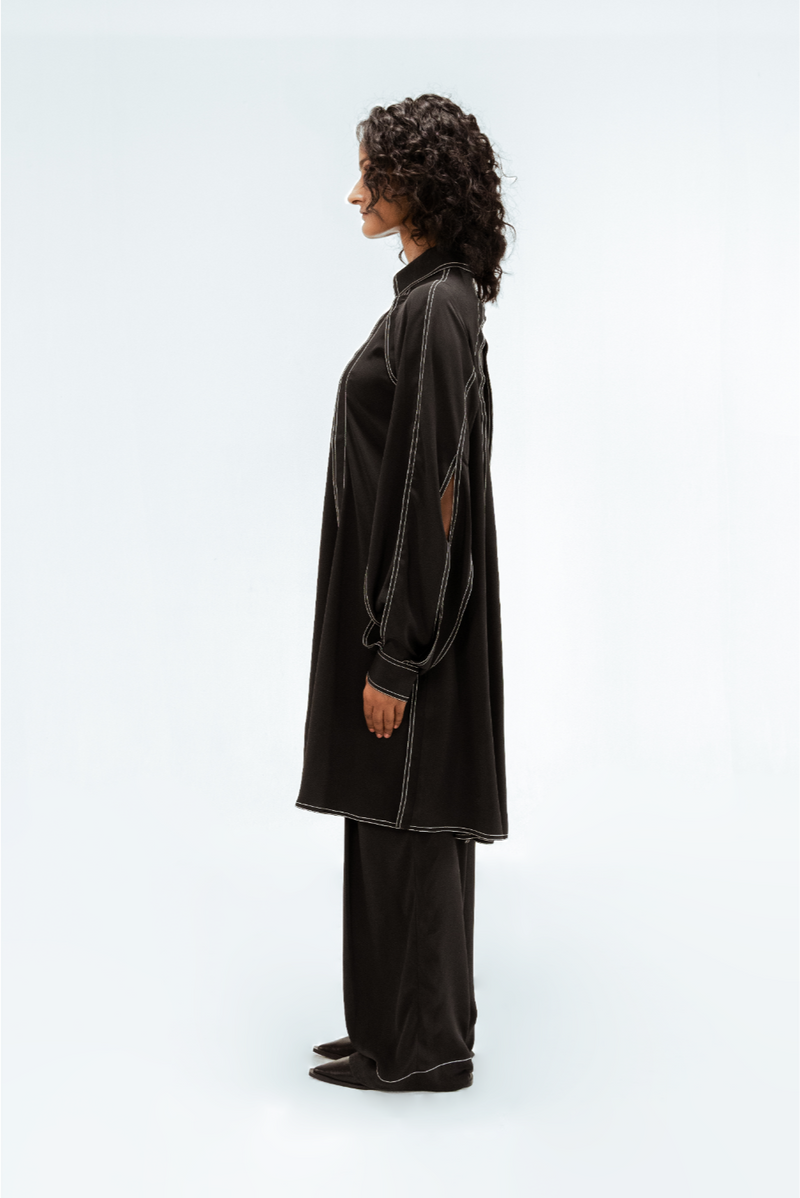 Caris Crepe Top & Pant Set by Leh Studios in black color for women Worldwide