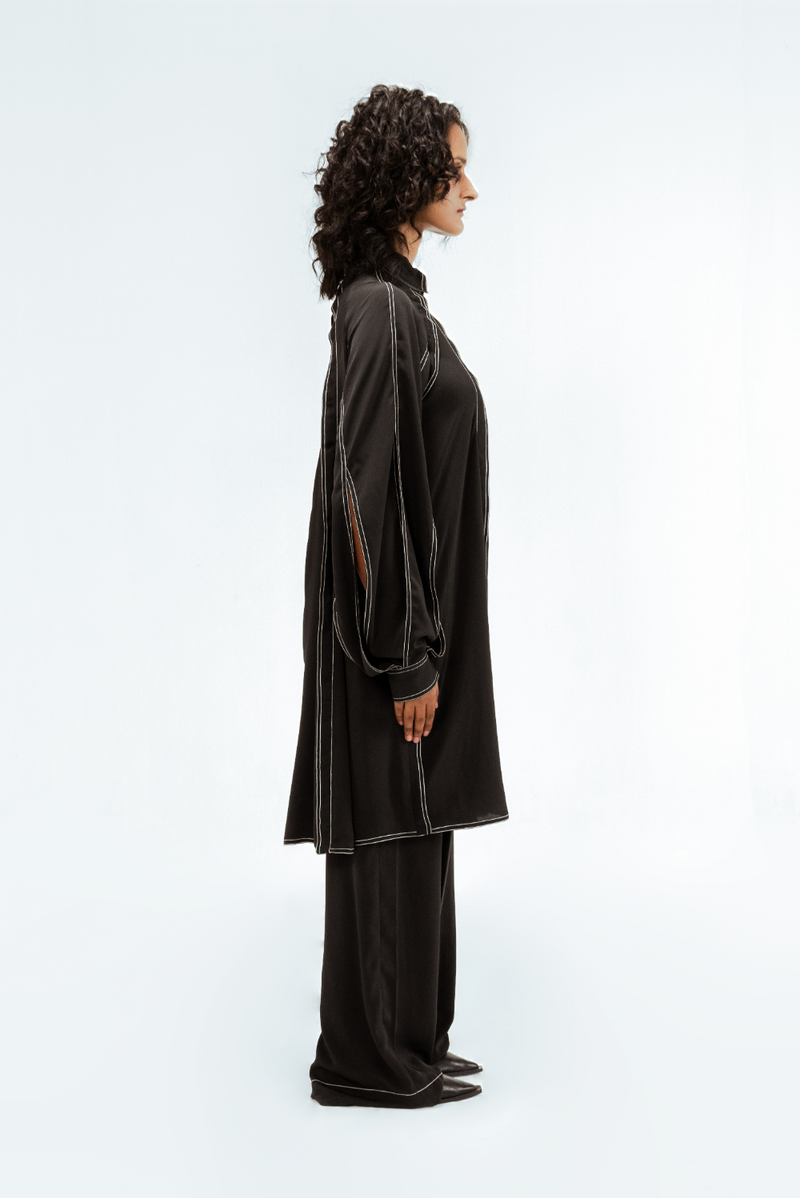 Caris Crepe Top & Pant Set by Leh Studios in black color for women Worldwide