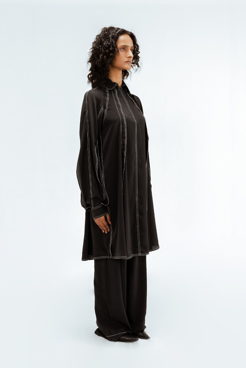 Caris Crepe Top & Pant Set by Leh Studios in black color for women Worldwide