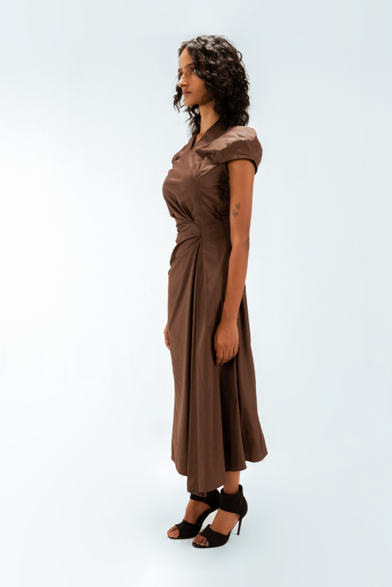 Elfie Draped Dress 100% cotton by Leh Studios in brown color for women Worldwide