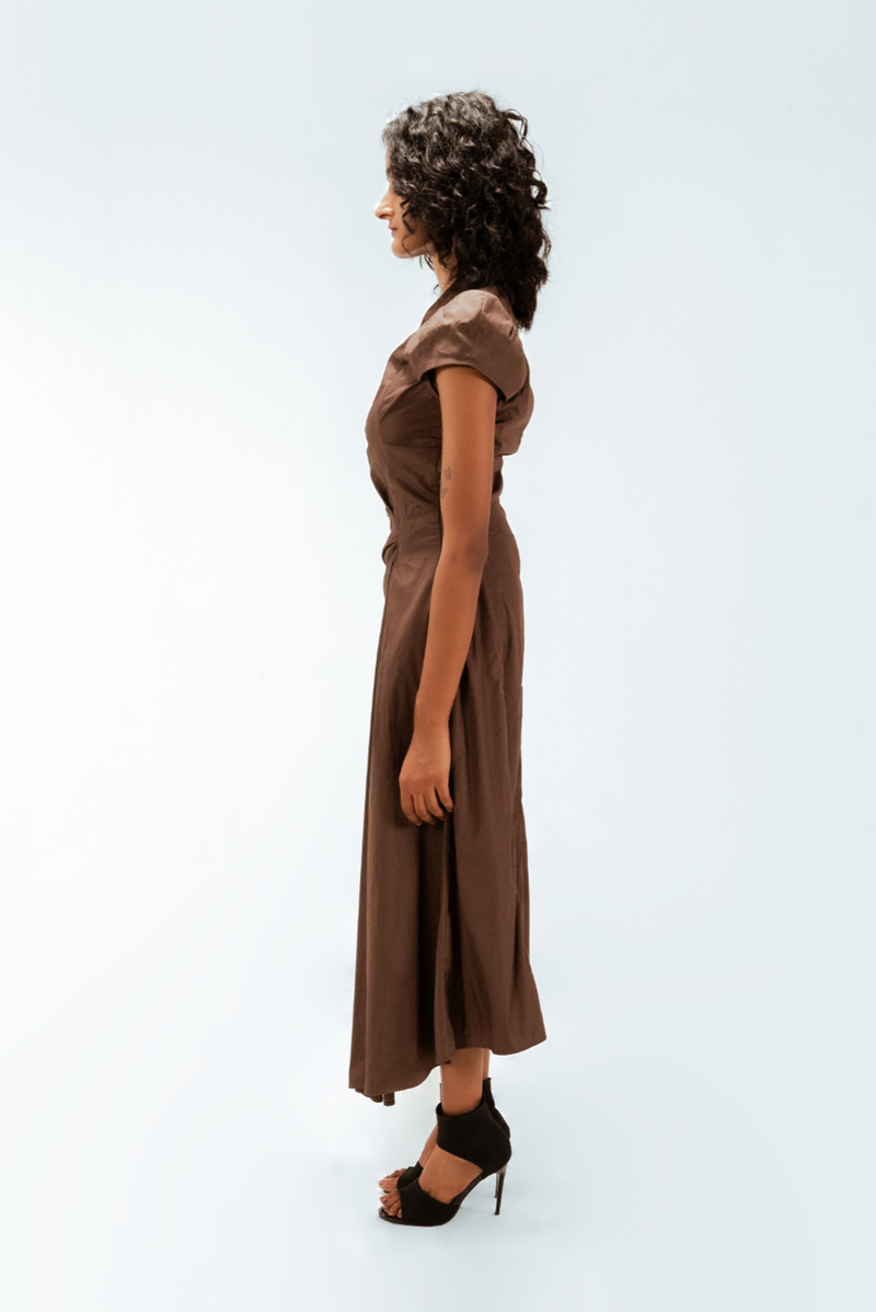 Elfie Draped Dress 100% cotton by Leh Studios in brown color for women Worldwide