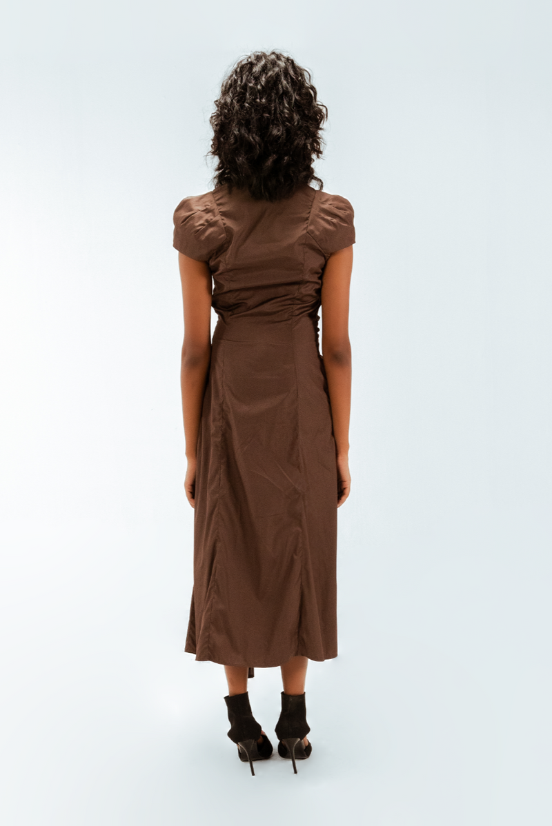 Elfie Draped Dress 100% cotton by Leh Studios in brown color for women Worldwide