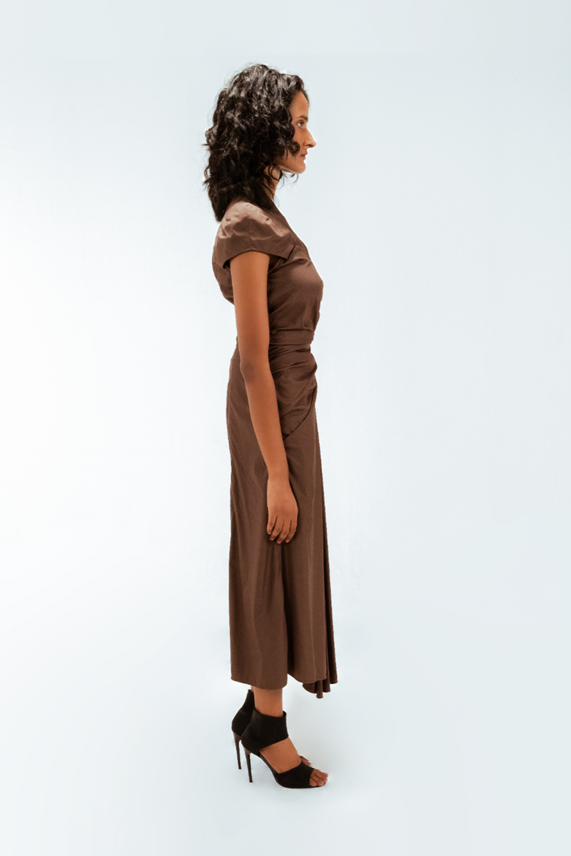 Elfie Draped Dress 100% cotton by Leh Studios in brown color for women Worldwide