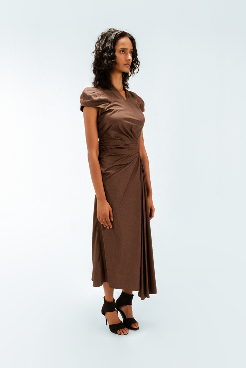 Elfie Draped Dress 100% cotton by Leh Studios in brown color for women Worldwide