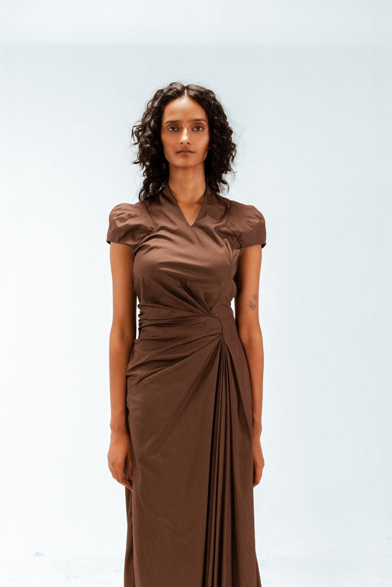 Elfie Draped Dress 100% cotton by Leh Studios in brown color for women Worldwide